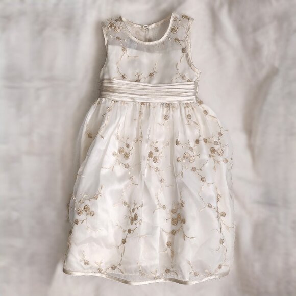 Beige/Cream & Gold Girls Dress with Ribbon - Picture 3 of 8